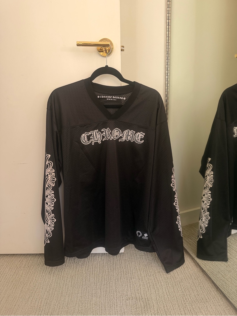 Chrome Hearts Black Long Sleeve Mesh Jersey with White Sleeve Graphics